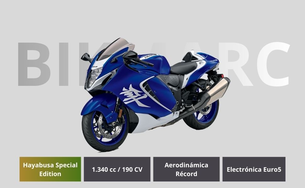 Vista lateral de la motocicleta Suzuki Hayabusa Special Edition 2026 en color Azul Perla Vivo.