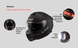 Casco Integral LS2 Stream II de Bikmarc, casco de moto full face con visera solar y homologación ECE 22.06, ideal para conducción urbana y carretera.